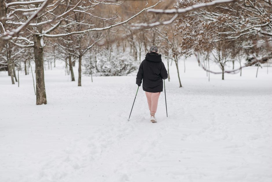 A person walks through a snowy park using trekking poles, surrounded by leafless trees in winter.