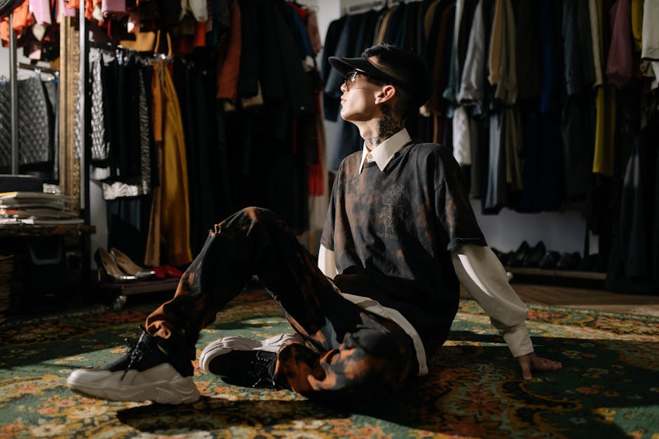 Young man in a vintage clothing showroom, seated on a patterned carpet, looking stylish and modern.
