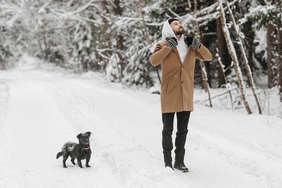 A man in winter clothes enjoys a snowy walk with his dog in a forest.